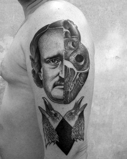 Surreal black and grey tattoo of Edgar Allan Poe, half face merging with an anatomical heart, flanked by two detailed ravens below.