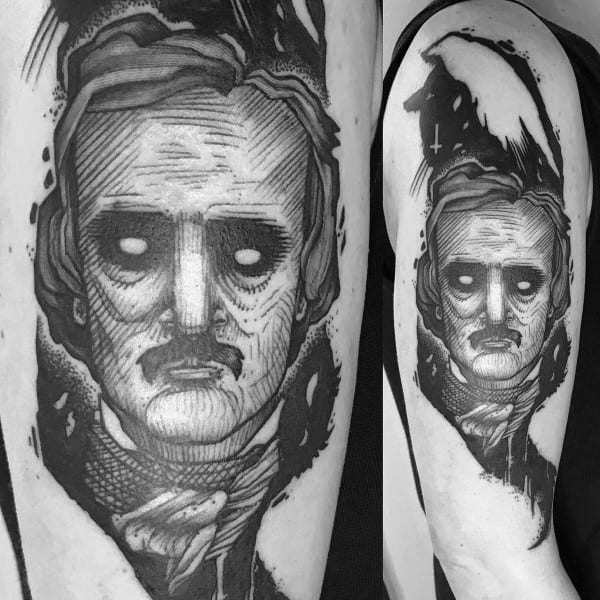 Dark illustrative tattoo of Edgar Allan Poe with hollow eyes, bold linework, and eerie shadows, featuring a raven silhouette above.