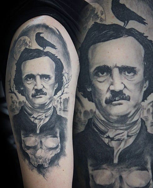 Black and grey Edgar Allan Poe tattoo with a raven on his head, full moon in the background, and a skull fading into mist below.