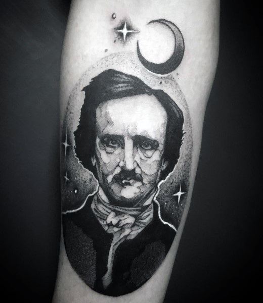 Black and grey Edgar Allan Poe tattoo with a celestial theme, featuring stars and a crescent moon above his portrait.