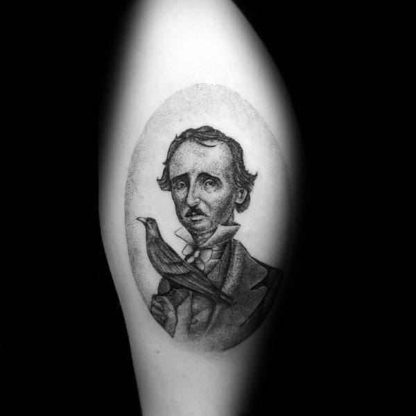 Dotwork tattoo of Edgar Allan Poe with a solemn look, holding a raven perched on his hand, enclosed in a soft oval frame.