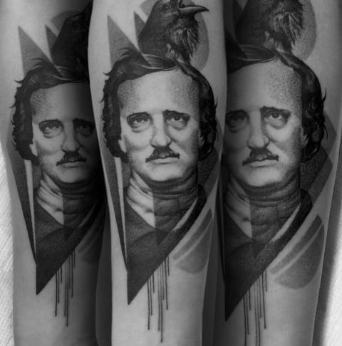 Geometric black and grey tattoo of Edgar Allan Poe with fine dotwork, abstract shapes, and a raven perched on his head.