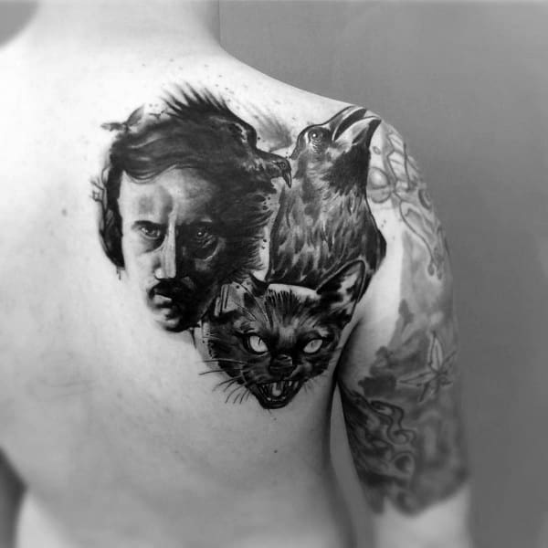 Black and grey shoulder tattoo of Edgar Allan Poe with a raven above and a snarling black cat below, creating a haunting gothic trio.