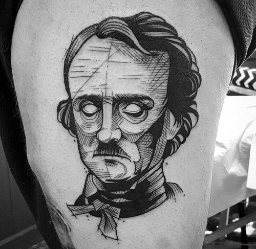 Edgar Allan Poe tattoo in a sketch-style design with bold lines, hollow eyes, and geometric shading for a modern, abstract look.