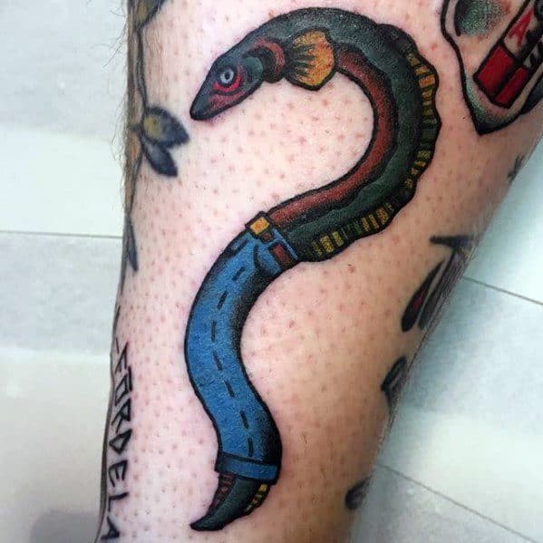 Eel Wearing Jeans Small Forearm Mens Tattoo Ideas