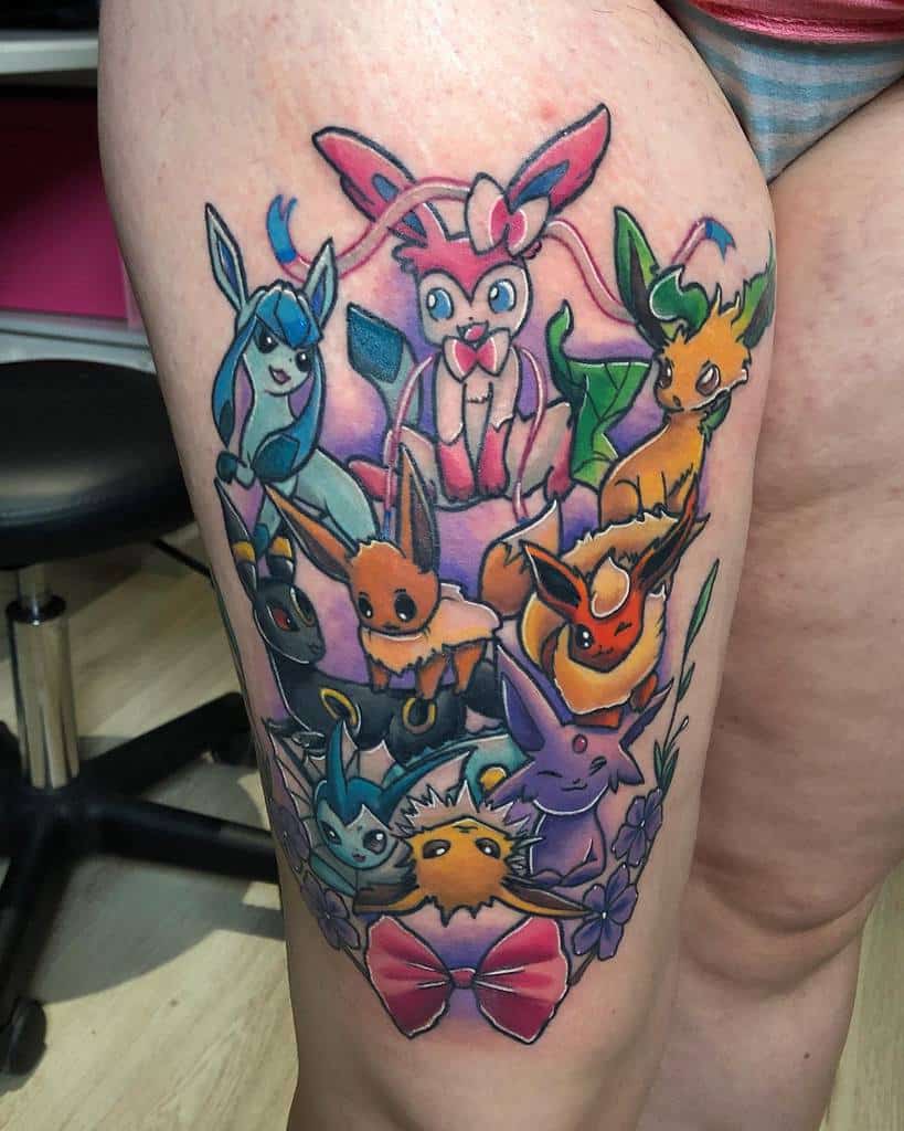 Colorful tattoo of nine Eevee evolutions on a thigh