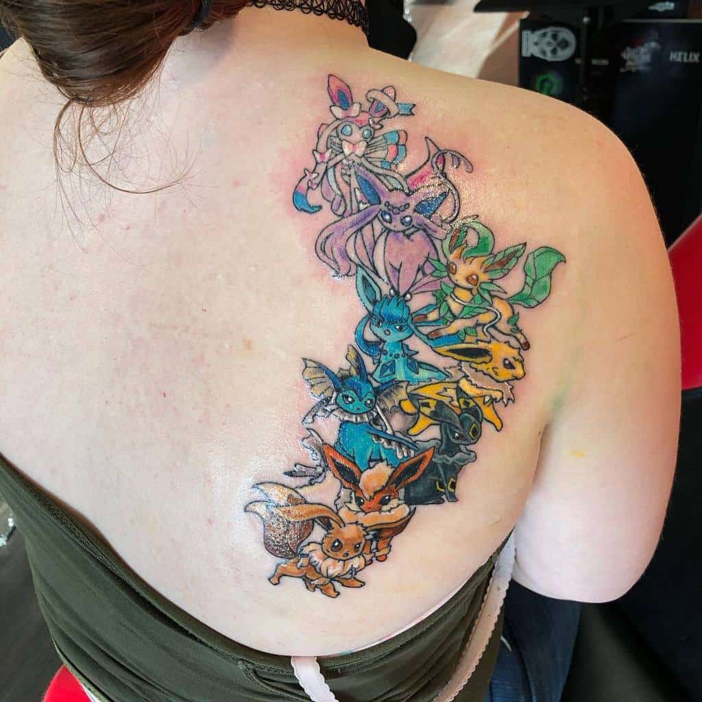 Vibrant Eeveelution tattoo featuring all evolutions of Eevee, beautifully arranged in a cascading back design