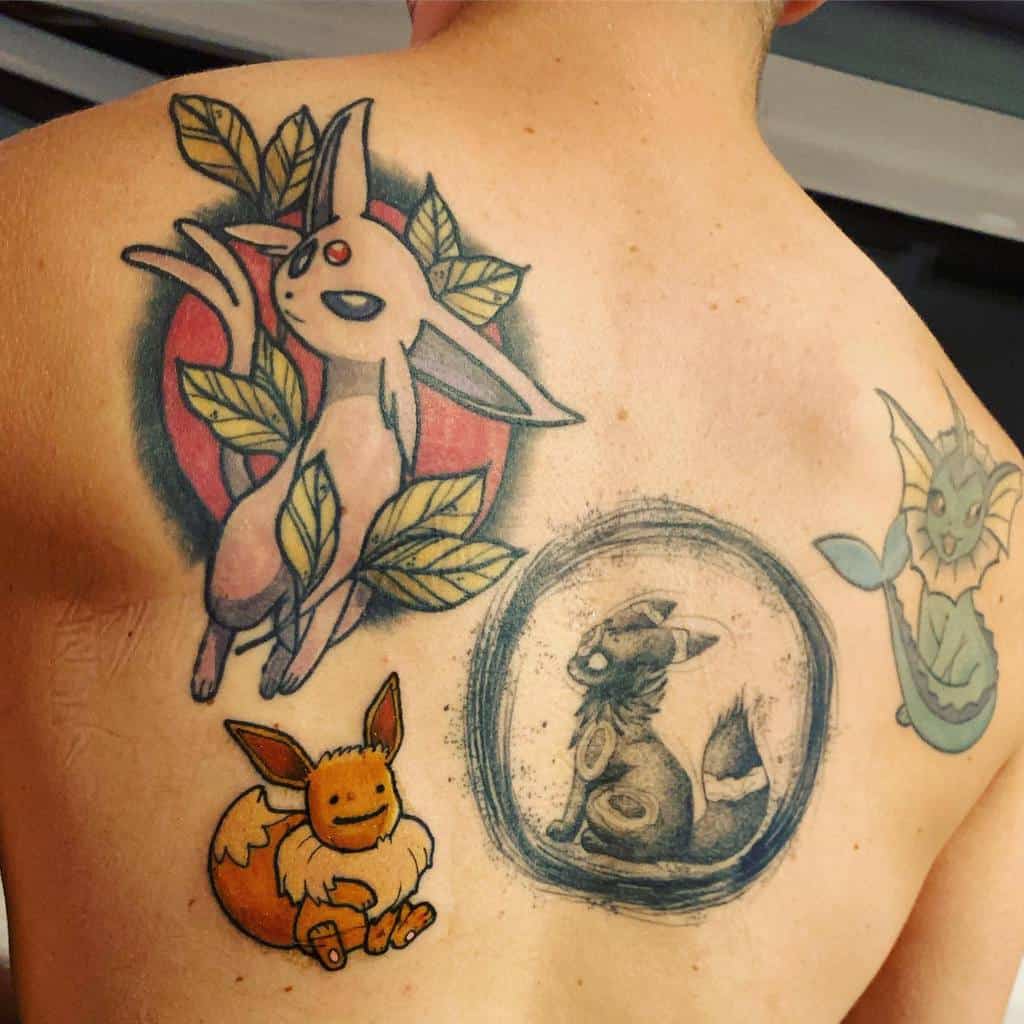Artistic Eeveelution tattoo set featuring Espeon, Umbreon, Eevee, and Vaporeon, each with unique styles and details