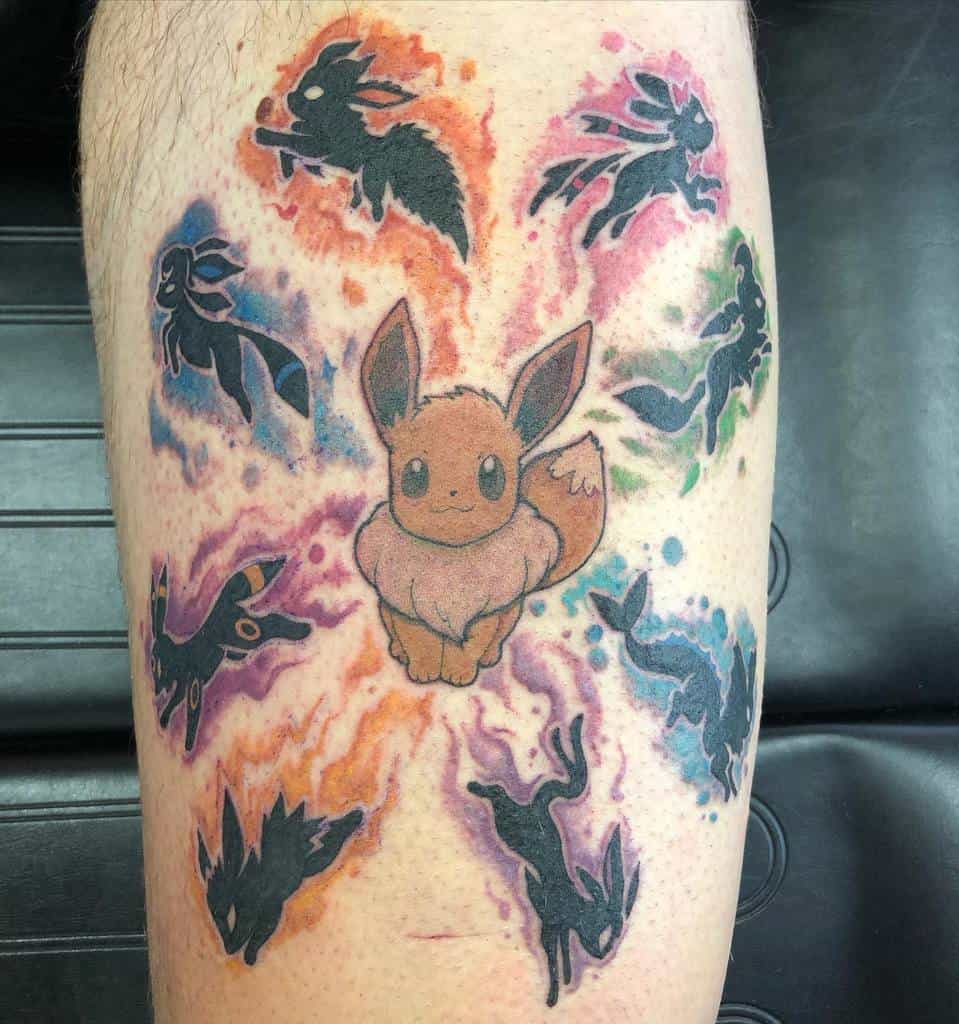 Dynamic Eevee tattoo surrounded by colorful silhouettes of its evolutions, creating an energetic and vibrant design
