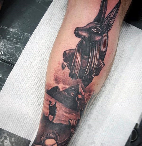 Egyptian Anubis Mens Leg Tattoo With Great Pyramids