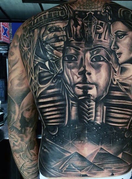 Egyptian Themed Mens Full Back Tattoo Of Pyramids