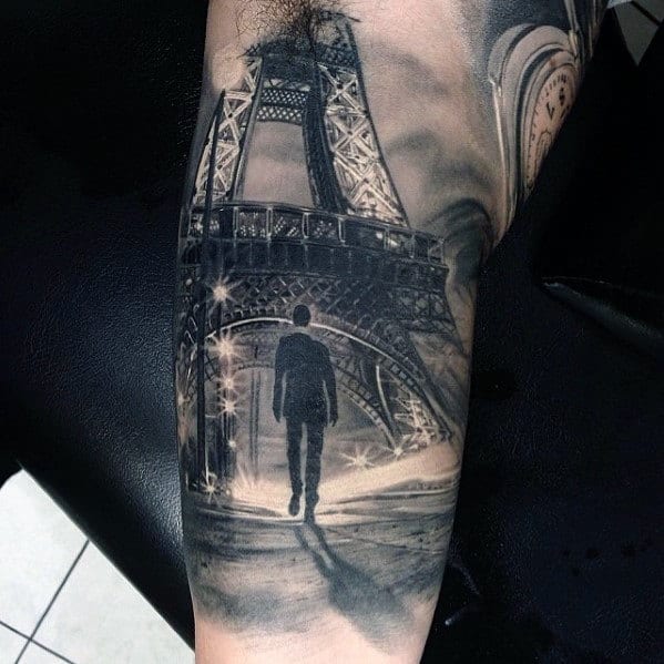 Eiffel Tower Hyper Realistic Guys Arm Tattoos