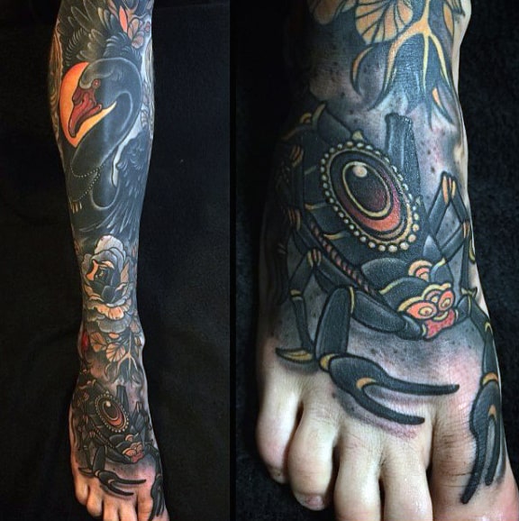 Elaborate Swan And Scorpion Tattoo On Lower Legs Male