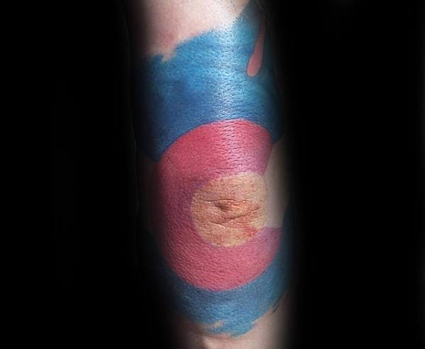 Elbow And Arm Colorado Mens Red Blue And Yellow Ink Tattoos
