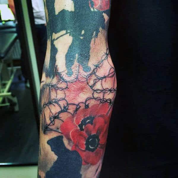 Elbow Barb Wire Tattoo With Poppy Flowers For Men