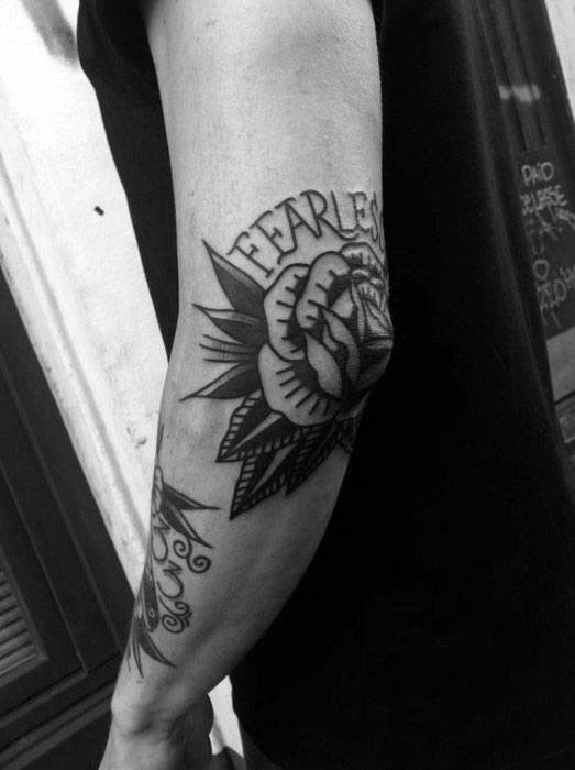 Elbow Rose Flower Fearless Tattoo Designs For Guys