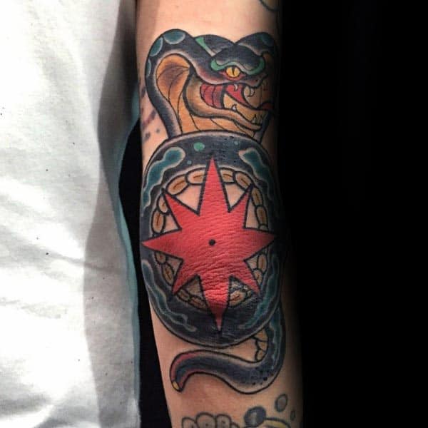 Elbow Star With Cobra Snake Mens Tattoo Ideas