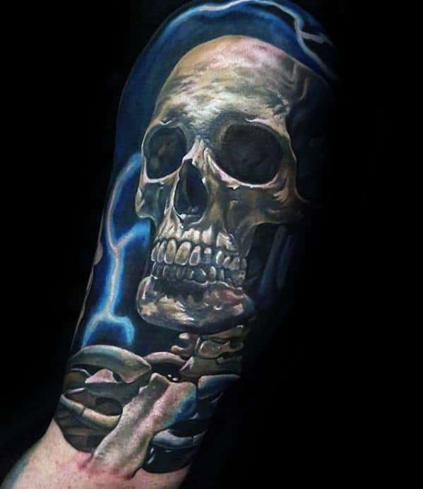 Electric 3d Realistic Unique Skull Half Sleeve Tattoos For Guys