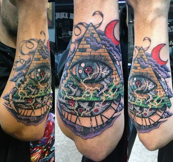 Electric All Seeing Eye Mens Outer Forearm Pyramid Tattoo Designs