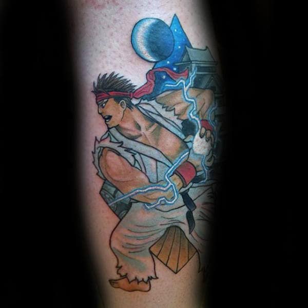 Electric Ball Street Fighter Male Leg Tattoo