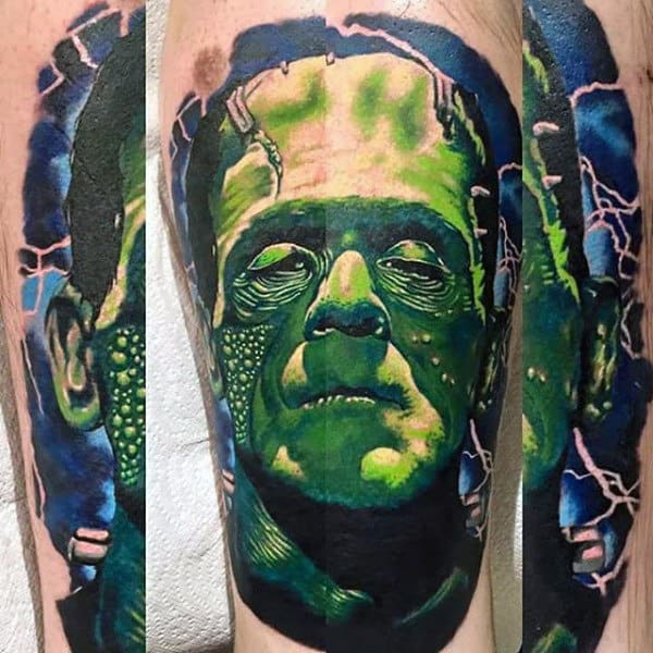 Electric Blue And Green Mens Frankenstein Arm Tattoos