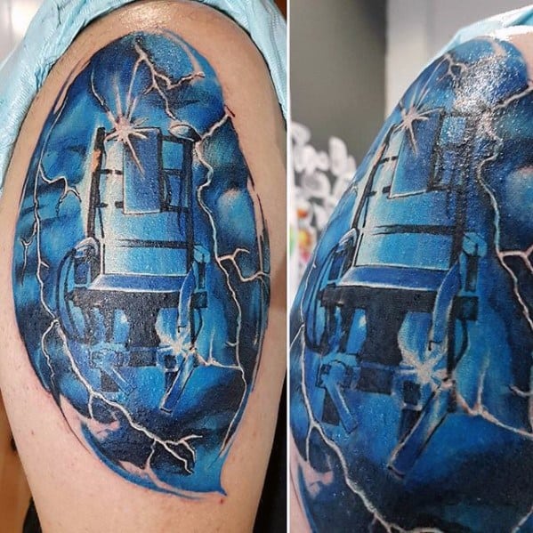 Vibrant upper arm tattoo of an electric chair with lightning bolts, inspired by Metallica’s Ride the Lightning album cover.