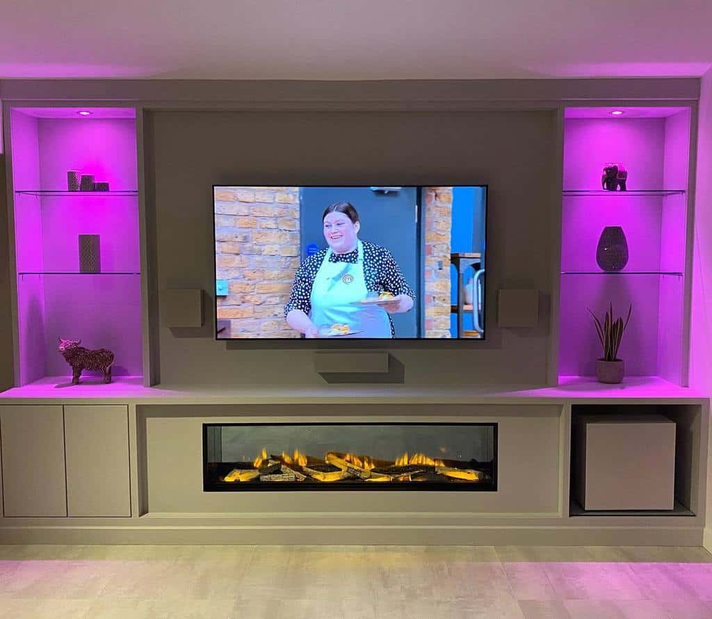 electric fireplace wall mounted tv recessed wall shelves with purple led lighting