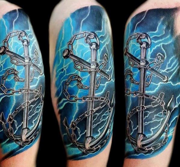Tattoo of an anchor wrapped in chains with blue lightning bolts