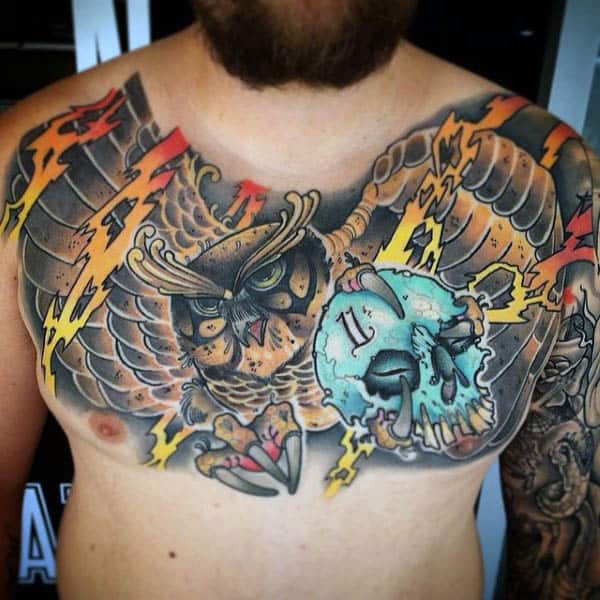 Electric Sparks And Skull Neo Traditional Tattoo Mens Chest