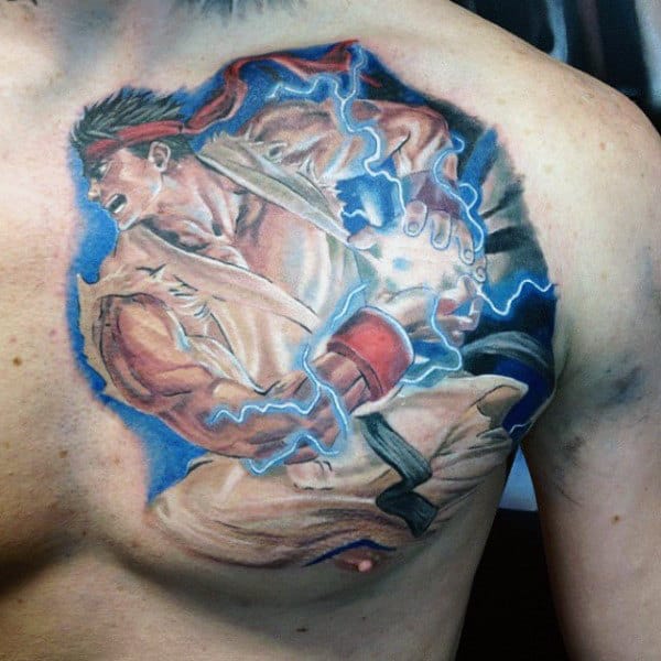 Electric Street Fighter Mens Upper Chest Tattoos