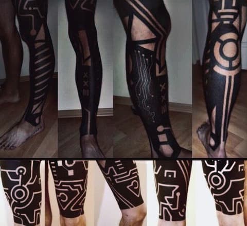 Electronic Tribal Blackwork Mens Tattoo Leg Sleeve