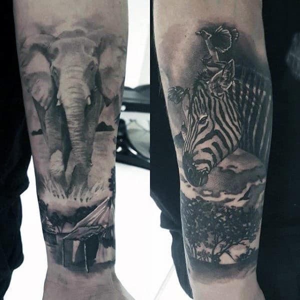 Elephant And Zebra Wilderness Animal Tattoos For Guys Lower Forearm Quarter Sleeve Design