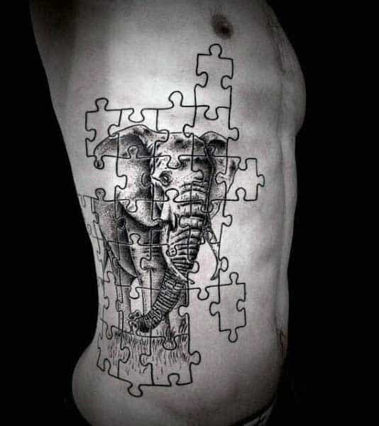 Elephant Puzzle Man Tattoo On Ribs