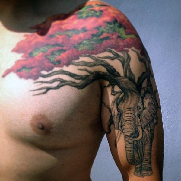 Elephant Under Bonsai Tree Mens Creative Arm And Shoulder Tattoos