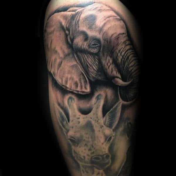 Elephant With Giraffe Mens Upper Arm Tattoo Design Ideas