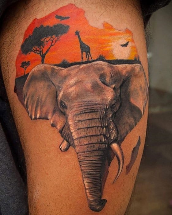 Elephant With Sunset Safari Africa Male Leg Tattoo