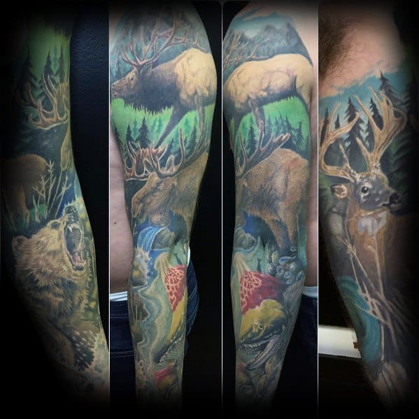 Vibrant full-sleeve wildlife tattoo featuring elk, bear, fish, and a forest landscape, blending bold colors with intricate details.