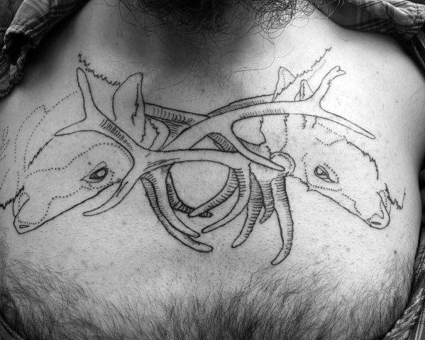 Minimalist black linework chest tattoo of two elk locking antlers, featuring intricate detailing for a bold and symbolic design.