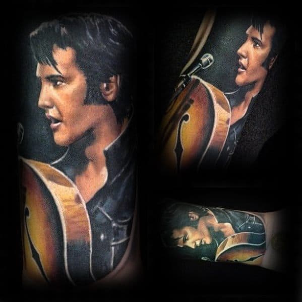 Vivid color tattoo of Elvis Presley mid-performance with a guitar and microphone, capturing his classic stage presence.