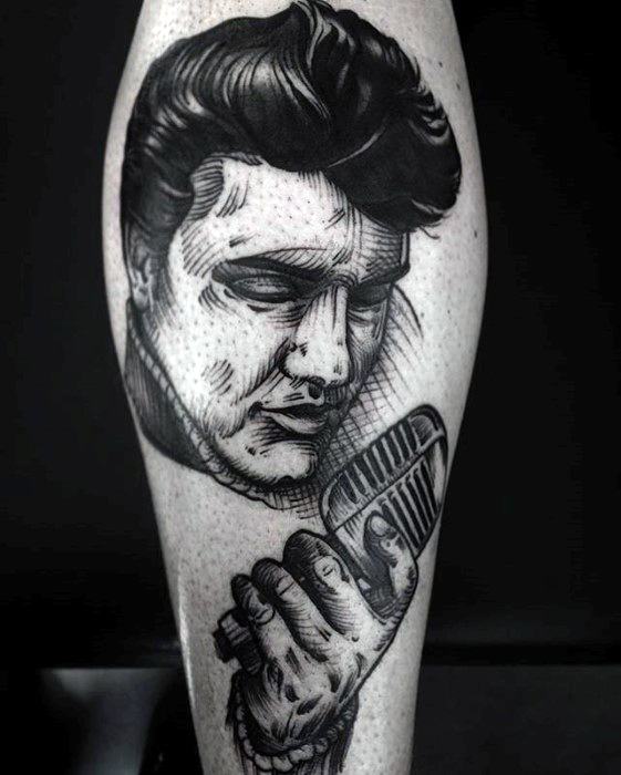 Blackwork Elvis Presley tattoo in a bold sketch style, showing him singing into a vintage microphone with intense focus.