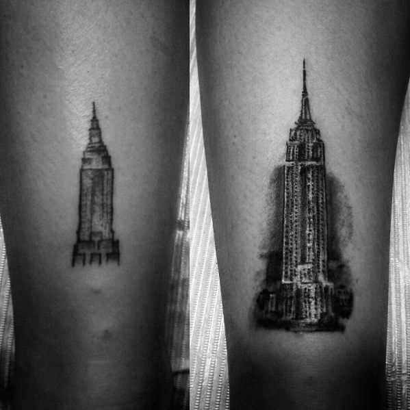 Two minimalist Empire State Building tattoos side by side, one detailed with shading and the other simpler, inked in black.