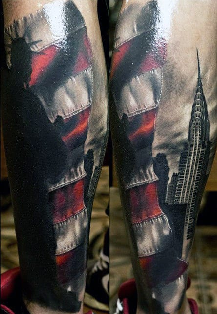 Empire State Building With American Flag Mens Forearm Sleeve Tattoo