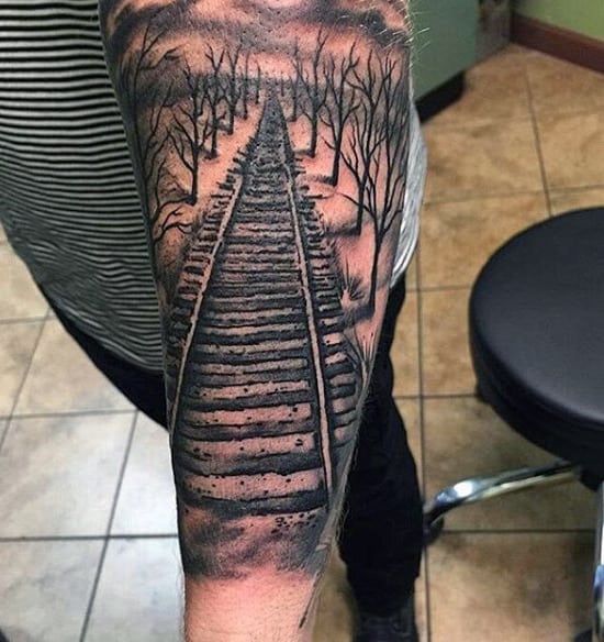 Empty Train Tracks Tattoo For Men On Forearm