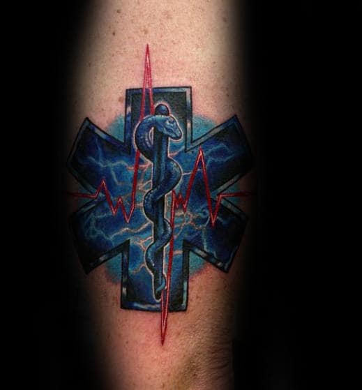 Emt Guys Star Of Life With Red Heart Beat Design Tattoo On Arm