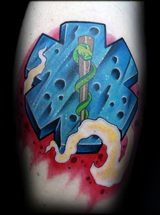 Emt Sake With Blue Star Of Life Guys Leg Tattoo