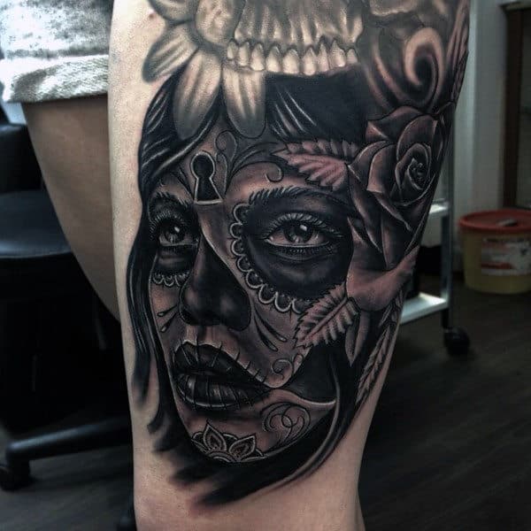 Enchanting Day Of The Dead Female Tattoo Mens Thighs