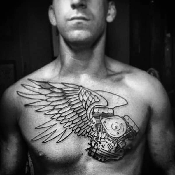 Engine With Angel Wings Male Biker Chest Tattoo Designs