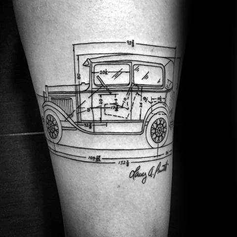 Tattoo of a vintage car patent sketch with technical measurements and signature, styled like an old blueprint drawing on the leg.