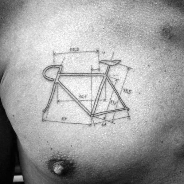 Tattoo of a minimalist bicycle frame diagram with precise geometric measurements, resembling a technical blueprint on the chest.