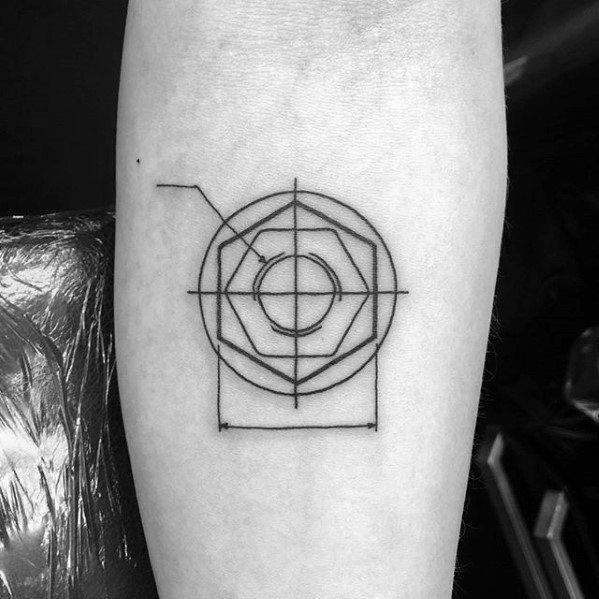 Tattoo of a geometric technical symbol with concentric shapes, circles, and straight lines, resembling a minimalist engineering or CAD drawing.